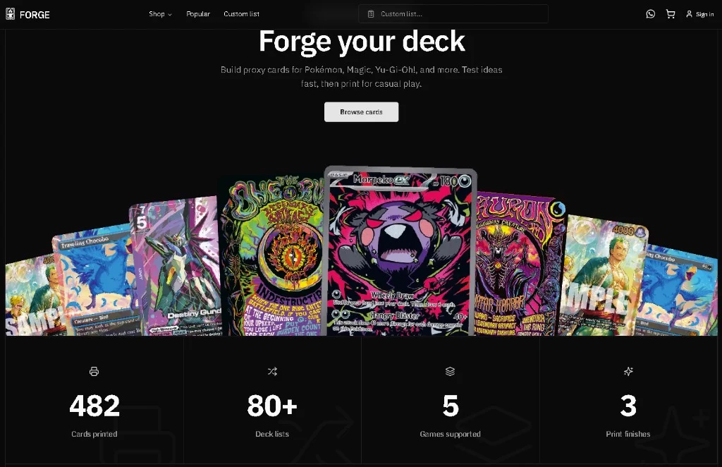Forge Proxy homepage, TCG proxy card shop